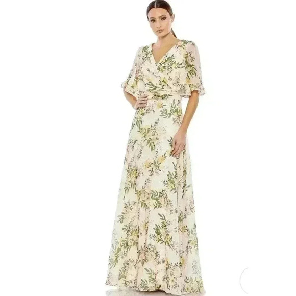 Mac Duggal Dresses & Skirts - MAC DUGGAL Gown 24 Floral Print Faux Wrap Flutter Sleeve Peach Maxi Dress V Neck